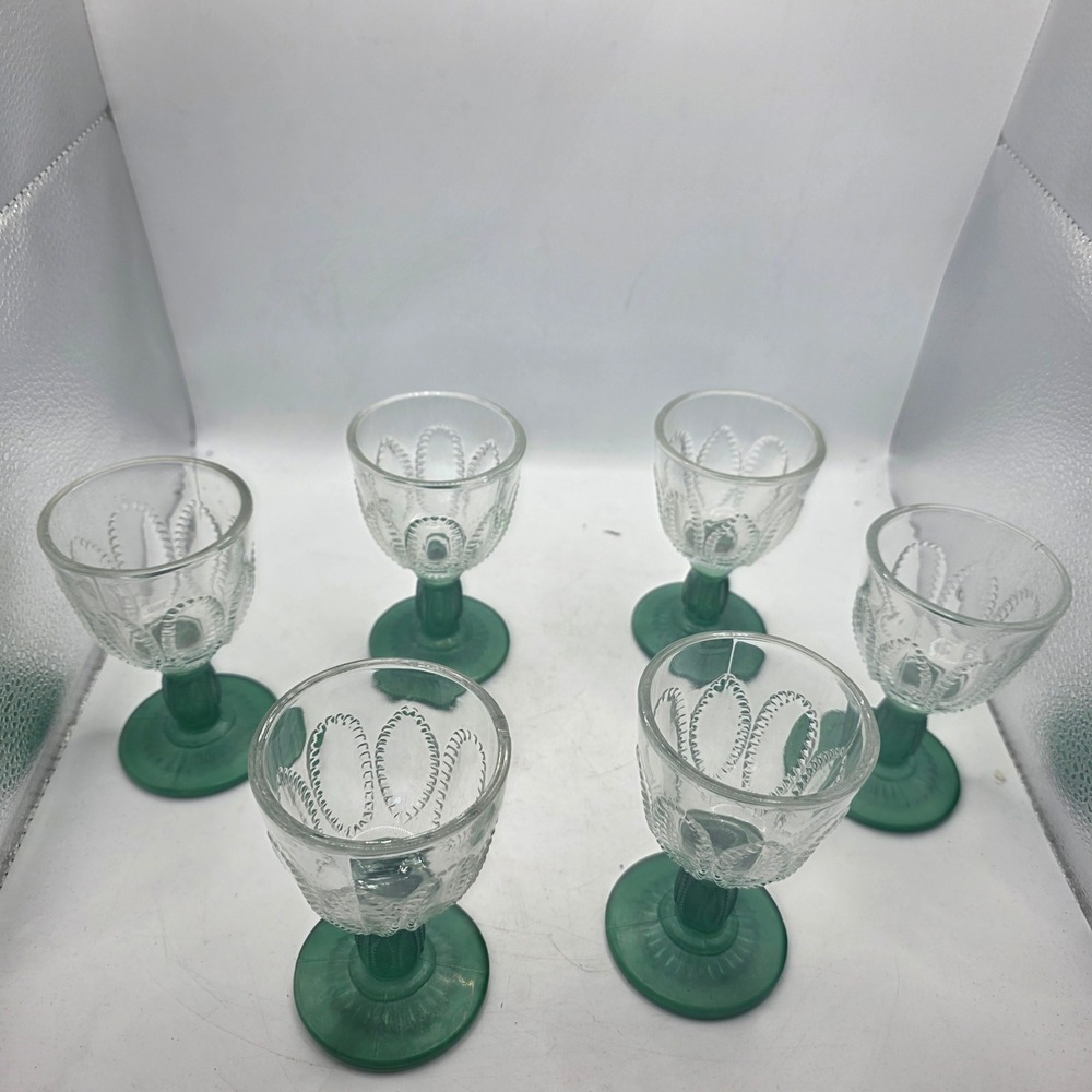 Vintage Green Stem Cordial Wine Glasses Set of 6 Clear Pressed Glass Goblets
